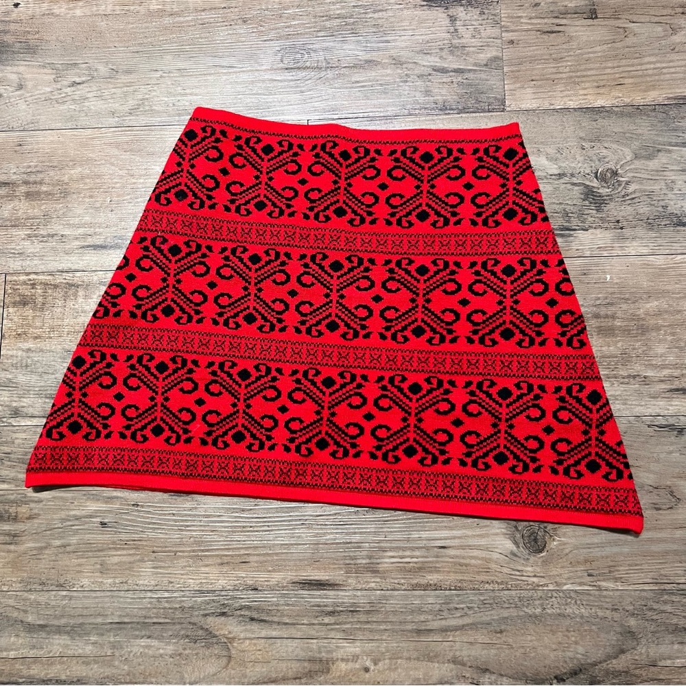 Jacquard Woven Stretchable A-line Skater Skirt Red Tribal Print READ!